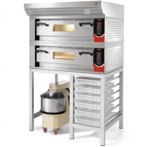 professioneller Pizzaofen, 2-Kammern-Version mit Abzugshaube und Untergestell mit Tabletts