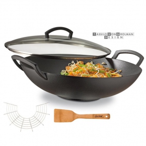 Gusseisen-Wok mit Glasdeckel - 35 cm