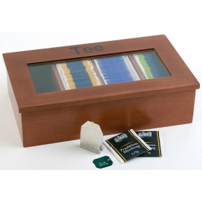  Pudełko na herbatę z drewna z napisem, brązowe 33,5 x 20 cm. APS 11574     