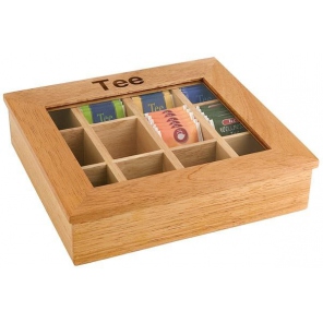 Pudełko na herbatę z drewna z napisem, beżowe 31 x 28 cm. APS 11775      