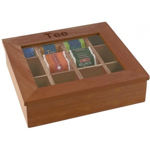 Pudełko na herbatę z drewna z napisem, brązowe 31 x 28 cm. APS 11775     