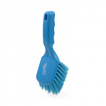 Blue washing brush, short handle, soft wavy bristles, Hillbrush D5B