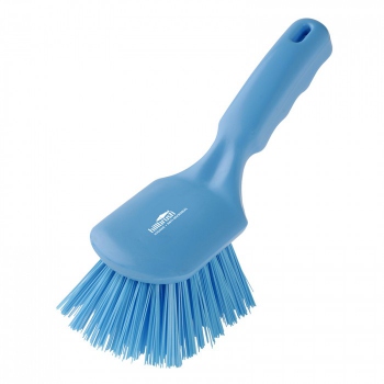 Blue cleaning brush, short handle, stiff bristles, Hillbrush AMD4B