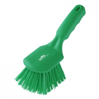 Green cleaning brush, short handle, stiff bristles, Hillbrush AMD4G