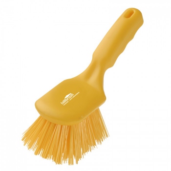 Yellow cleaning brush, short handle, stiff bristles, Hillbrush AMD4Y