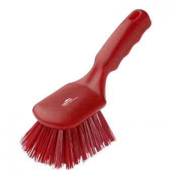 Red cleaning brush, short handle, stiff bristles, Hillbrush AMD4R