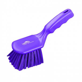 Purple cleaning brush, short handle, stiff bristles, Hillbrush AMD4P