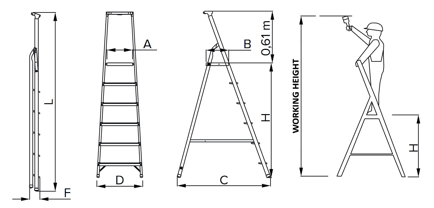 Freestanding ladder, platform and shelf. Technical draw
