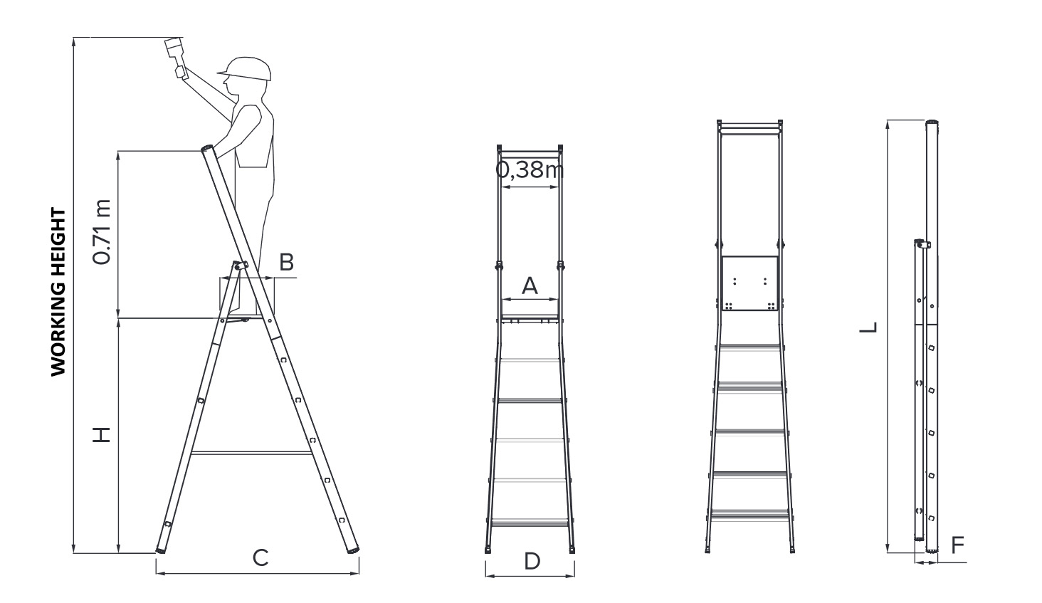 Freestanding ladder TP1300, technical draw